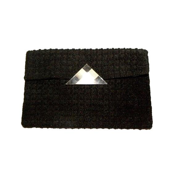 40's Large Black Cordé Envelope Clutch Bag w Lucite Decorative Clasp - Picture 10 of 10